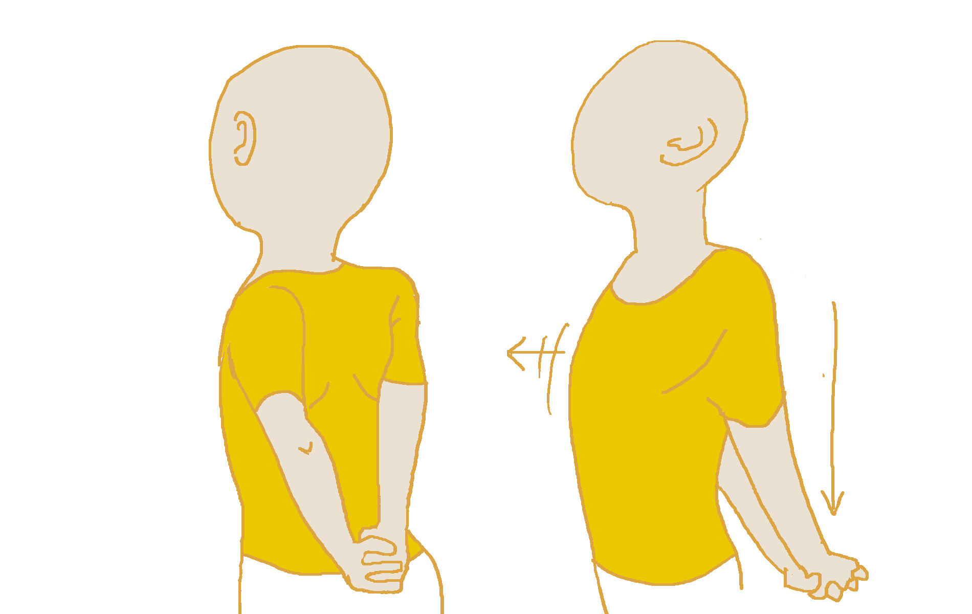 1.肩幅で断って、両手をうしろで組む 2.両肩を後ろに引き、腕を下に下ろす。このとき棟をぐっと開く。10回くりかえす。